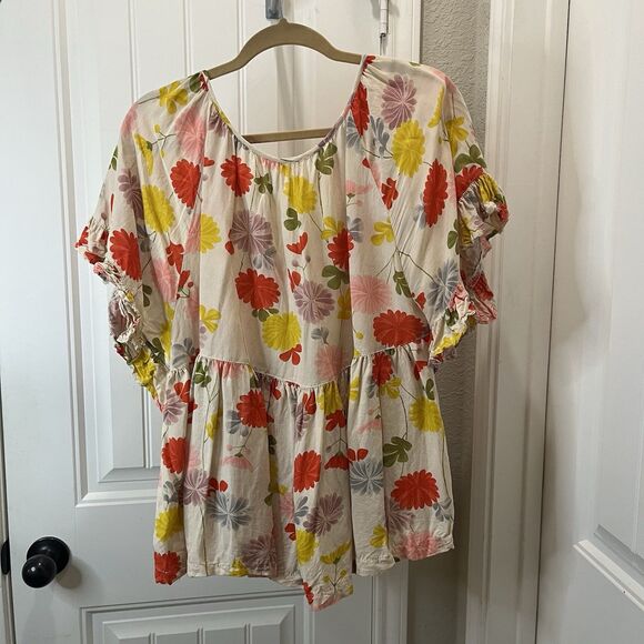 Womens Floral Cream Orange Yellow Ruffle Short Sleeve Top Size XL Linen Blend - Picture 5 of 8